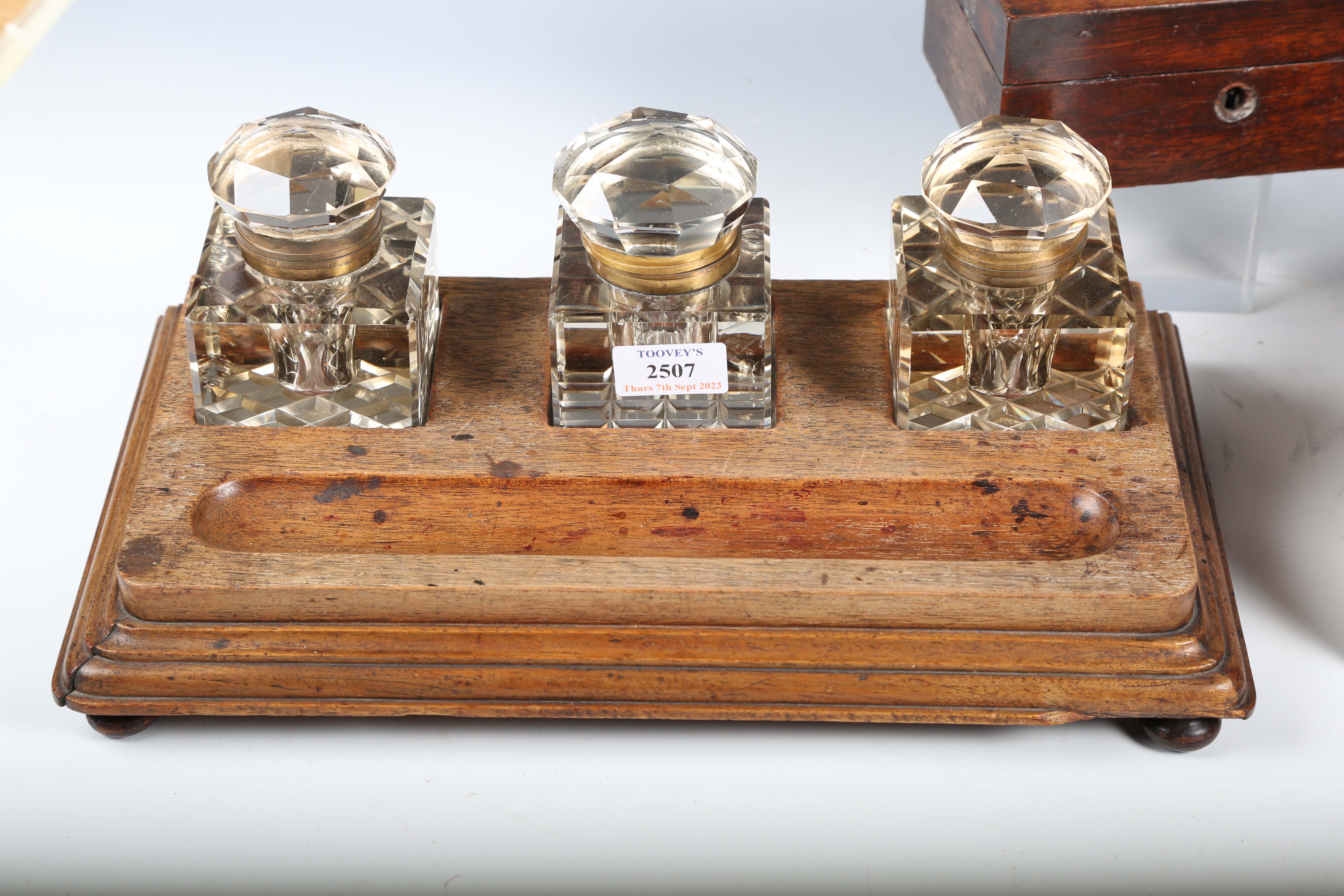 A late Victorian walnut desk stand, fitted with three glass inkwells, weight 38cm, together with two - Image 17 of 17