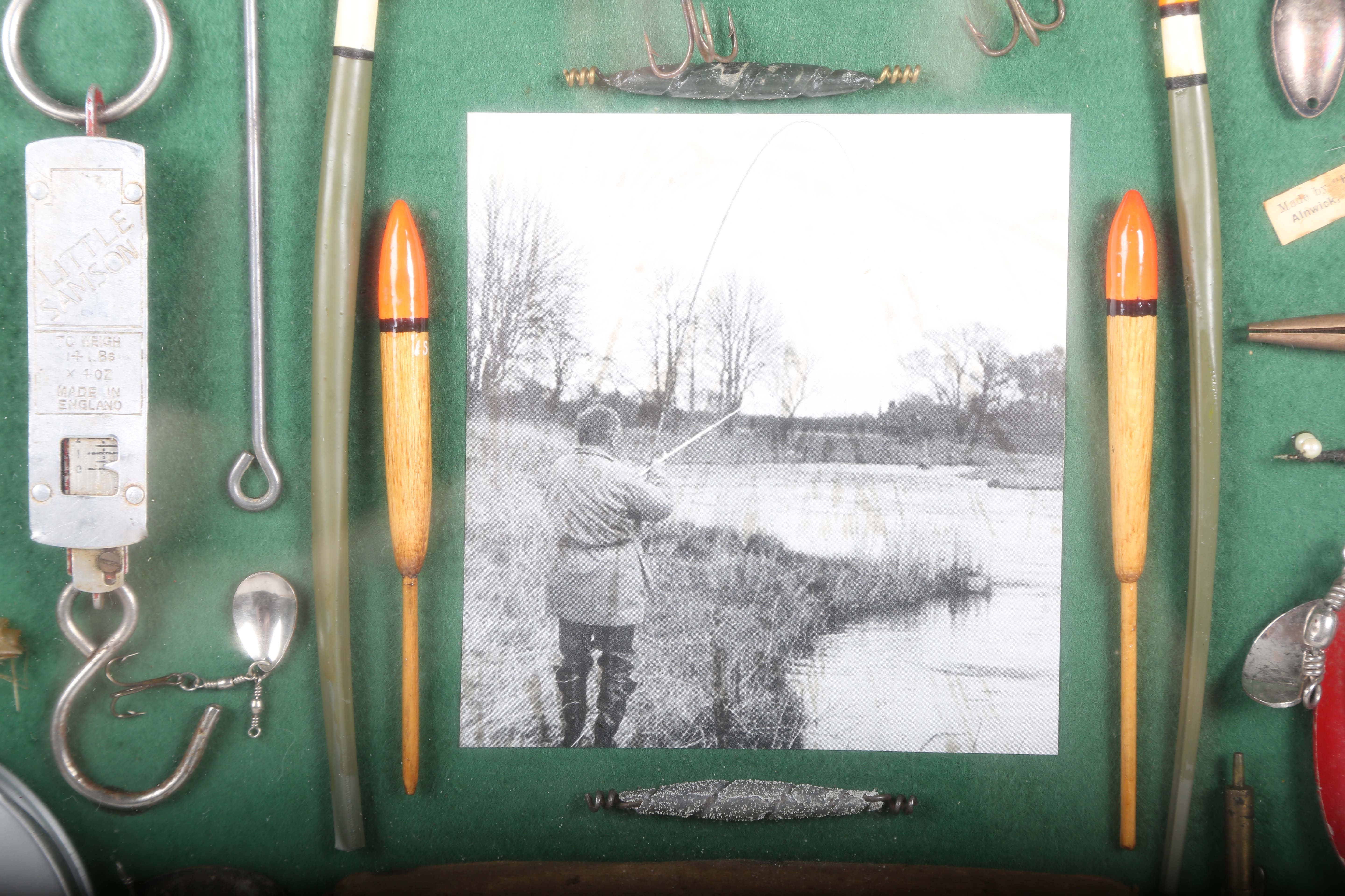 A group of fishing related items, including lures, floats, flies and hooks, all mounted for - Image 8 of 12