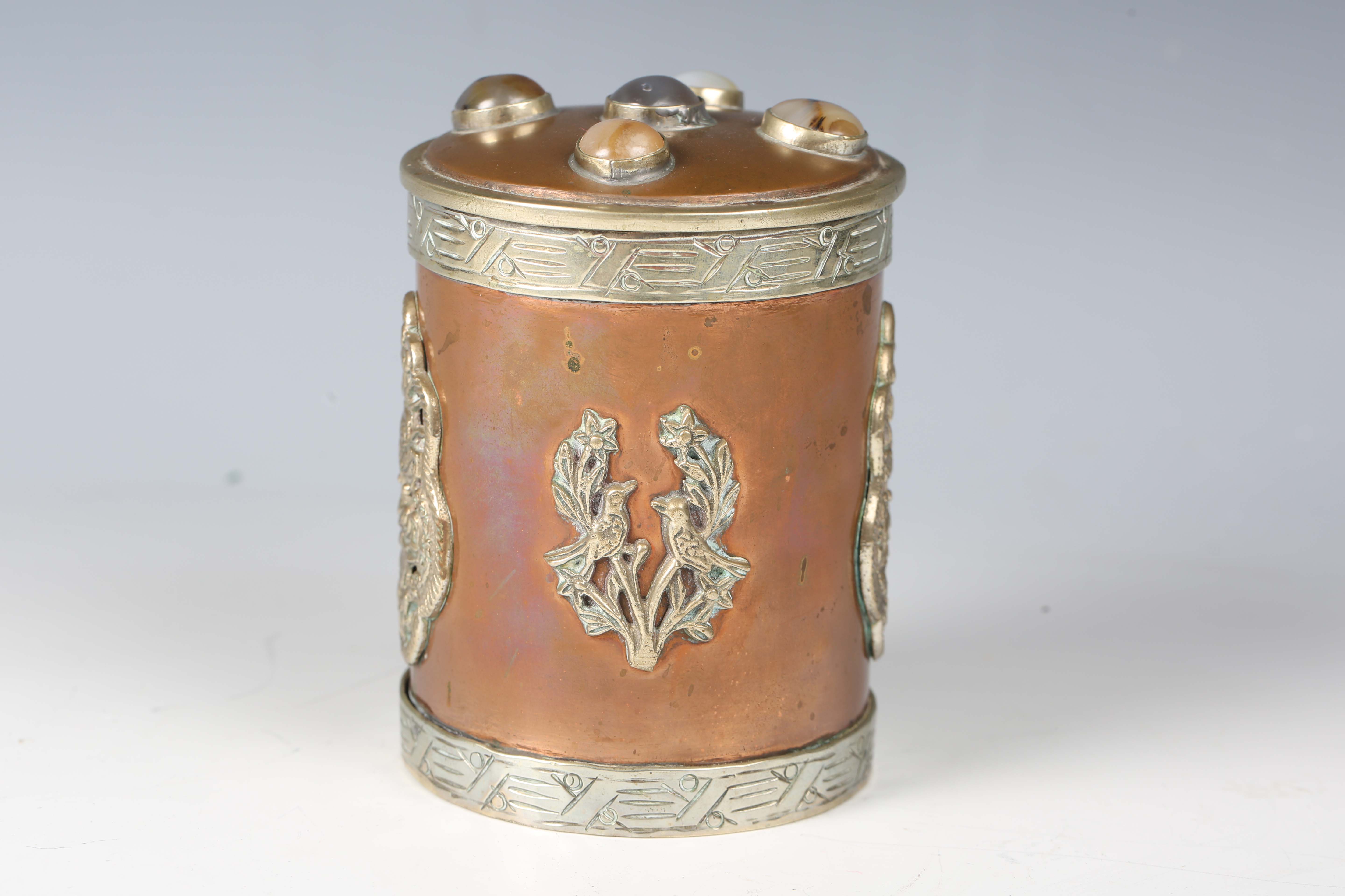 A 20th century Tibetan copper and nickel mounted cylindrical jar and cover, the lid inset with - Image 8 of 8