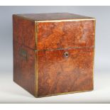 A Victorian burr walnut and brass bound decanter box, the sides with recessed handles, the