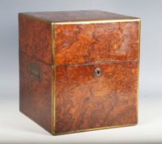 A Victorian burr walnut and brass bound decanter box, the sides with recessed handles, the