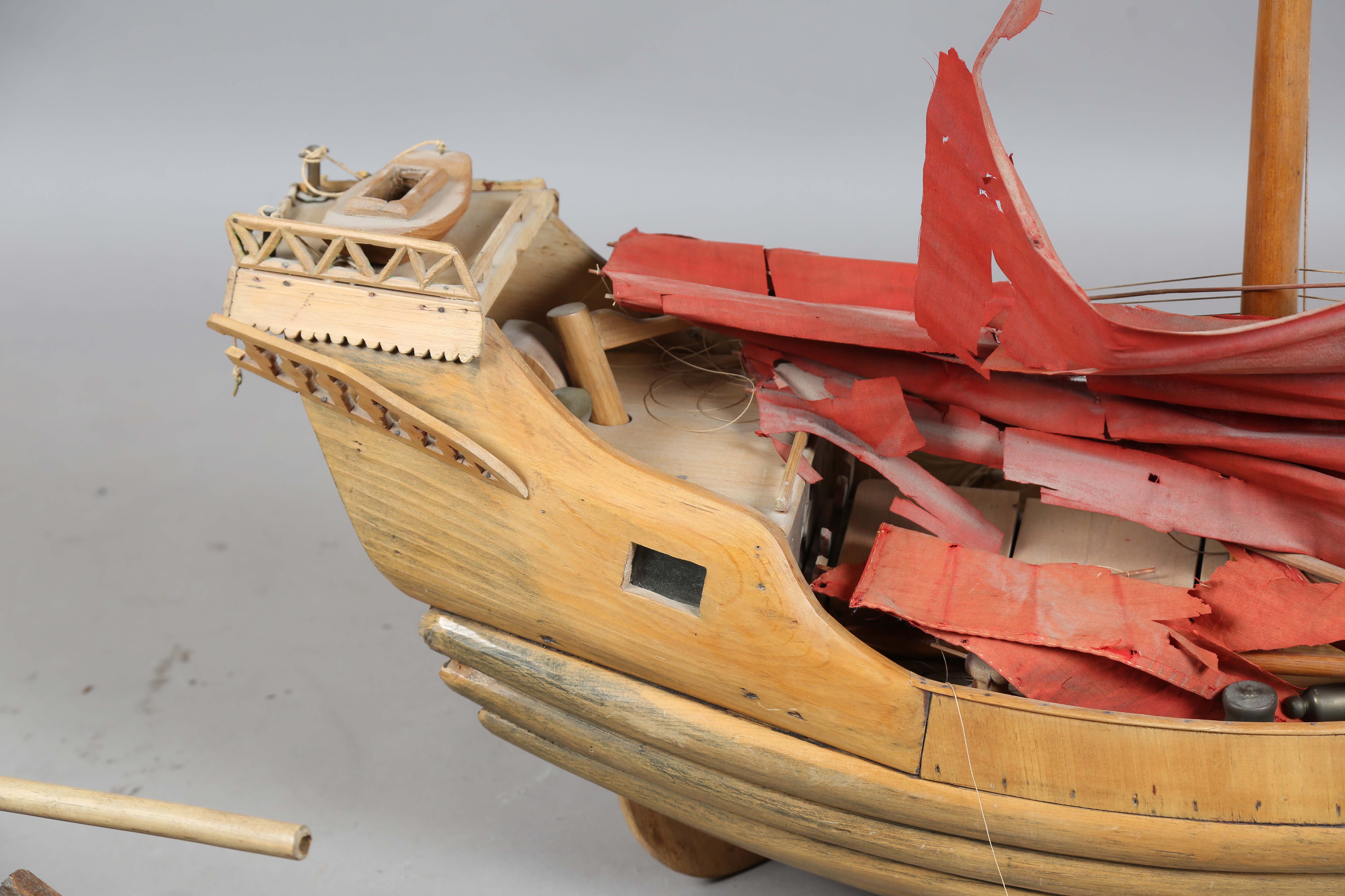 An early 20th century scratch-built softwood model of a boat, detailed with two brass cannons and - Image 7 of 13