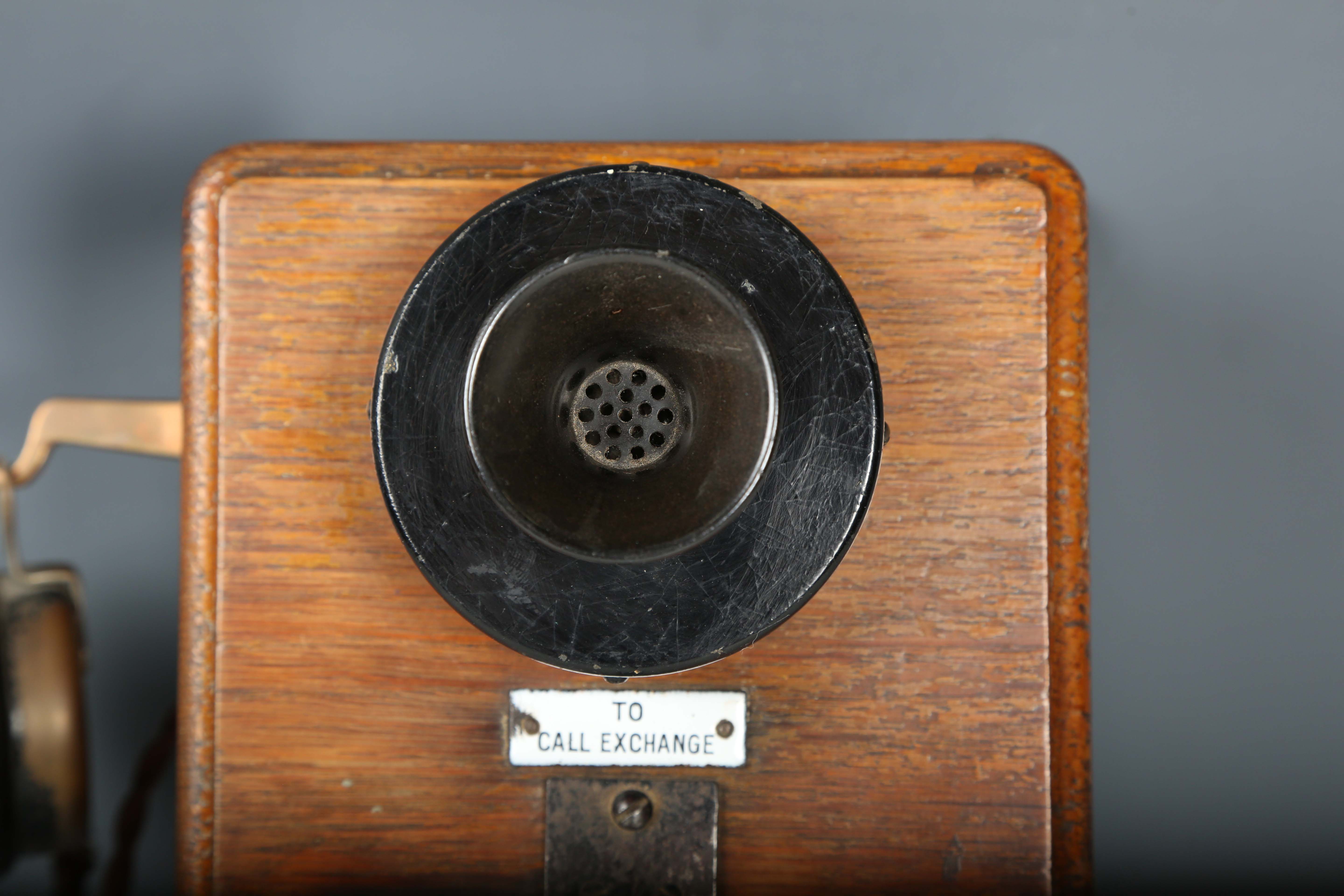 An early 20th century oak cased wall telephone, possibly from a railway, the front with applied - Image 10 of 10