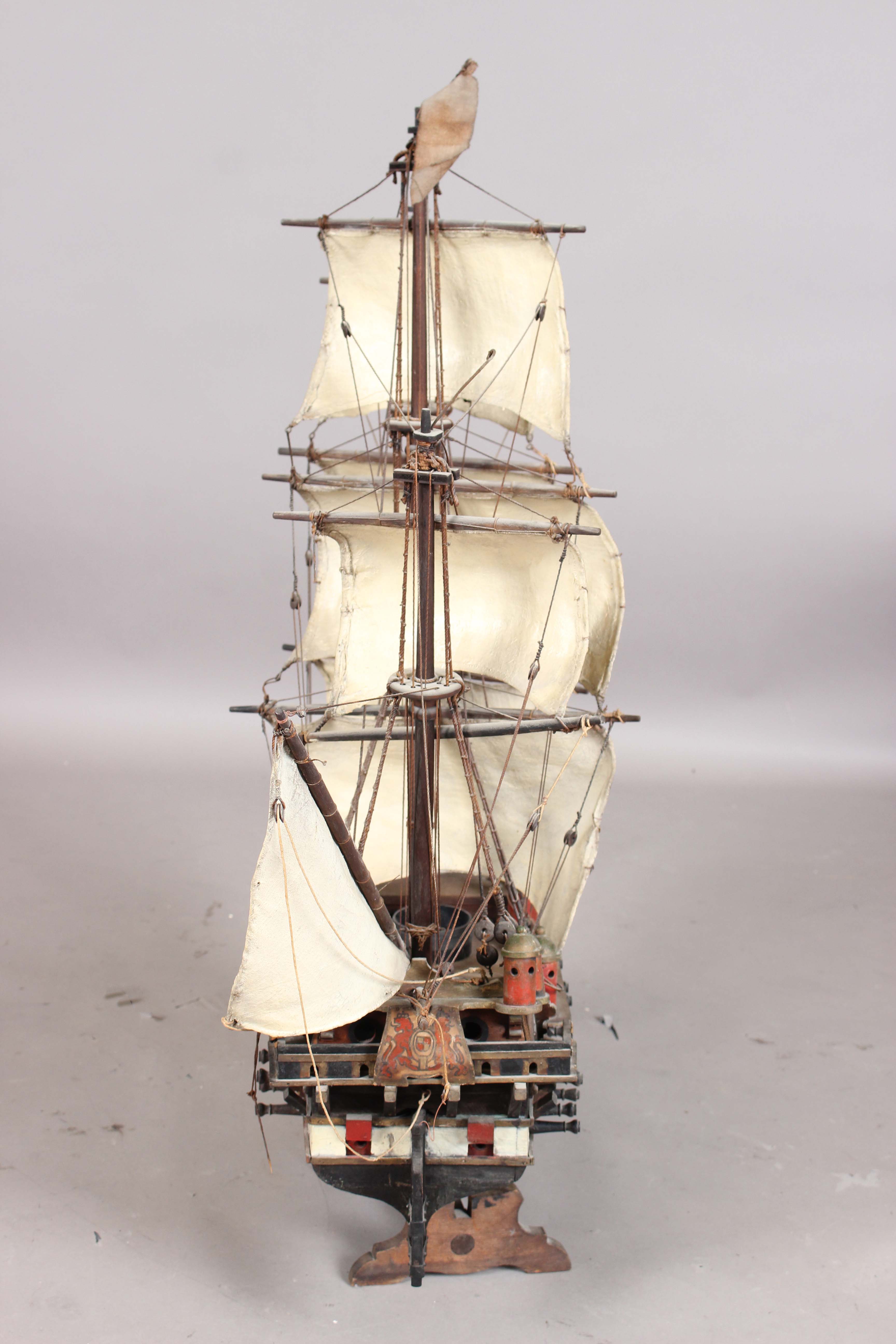 A 20th century scratch-built wooden model of a galleon, length 110cm, together with a model of a - Image 11 of 28