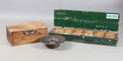 A 19th century pine trunk, width 60cm, another pine rectangular box and an Eastern copper pan with