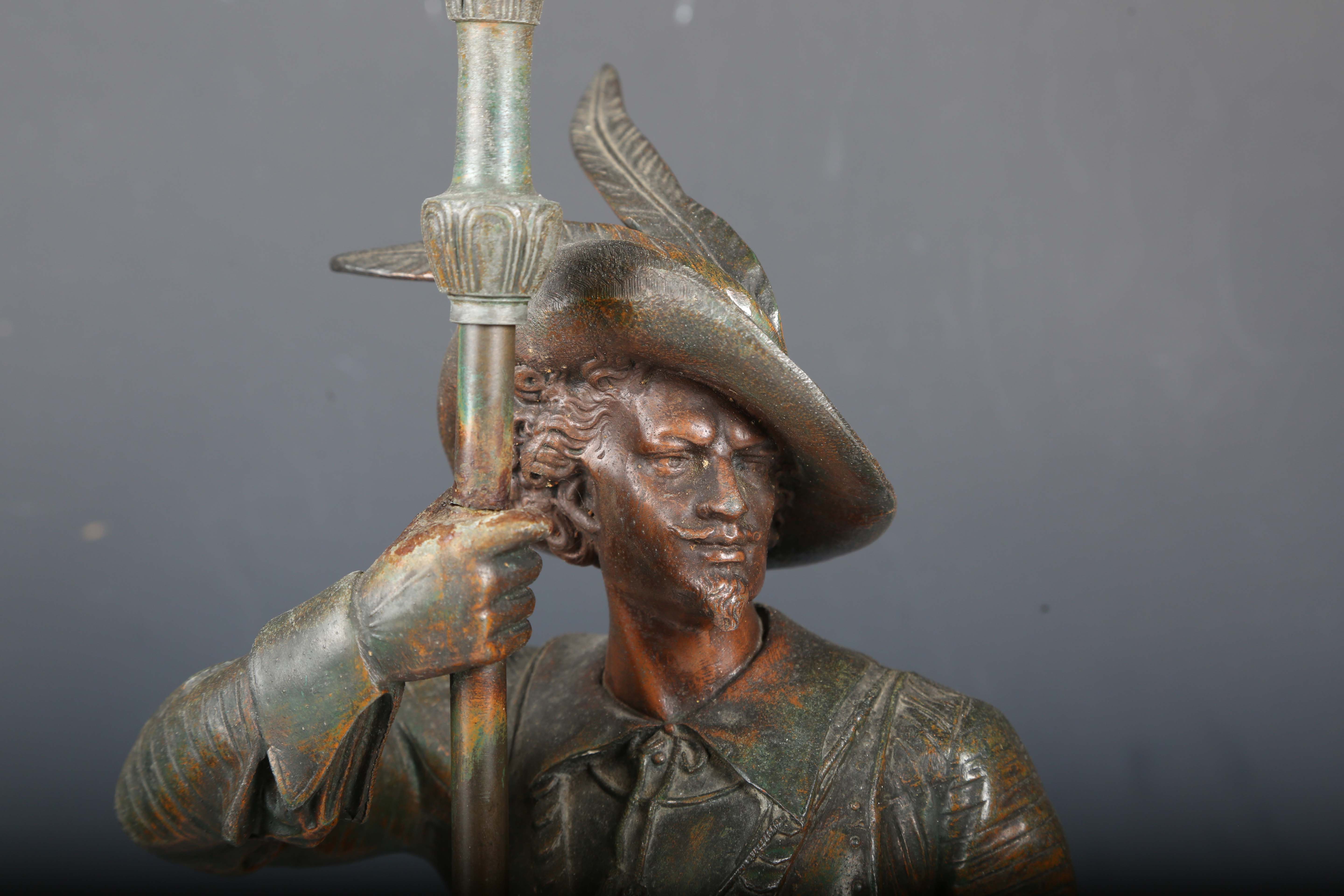 Auguste Poitevin - a 19th century spelter figural table lamp, modelled as Don Cesar, raised on a - Image 17 of 19