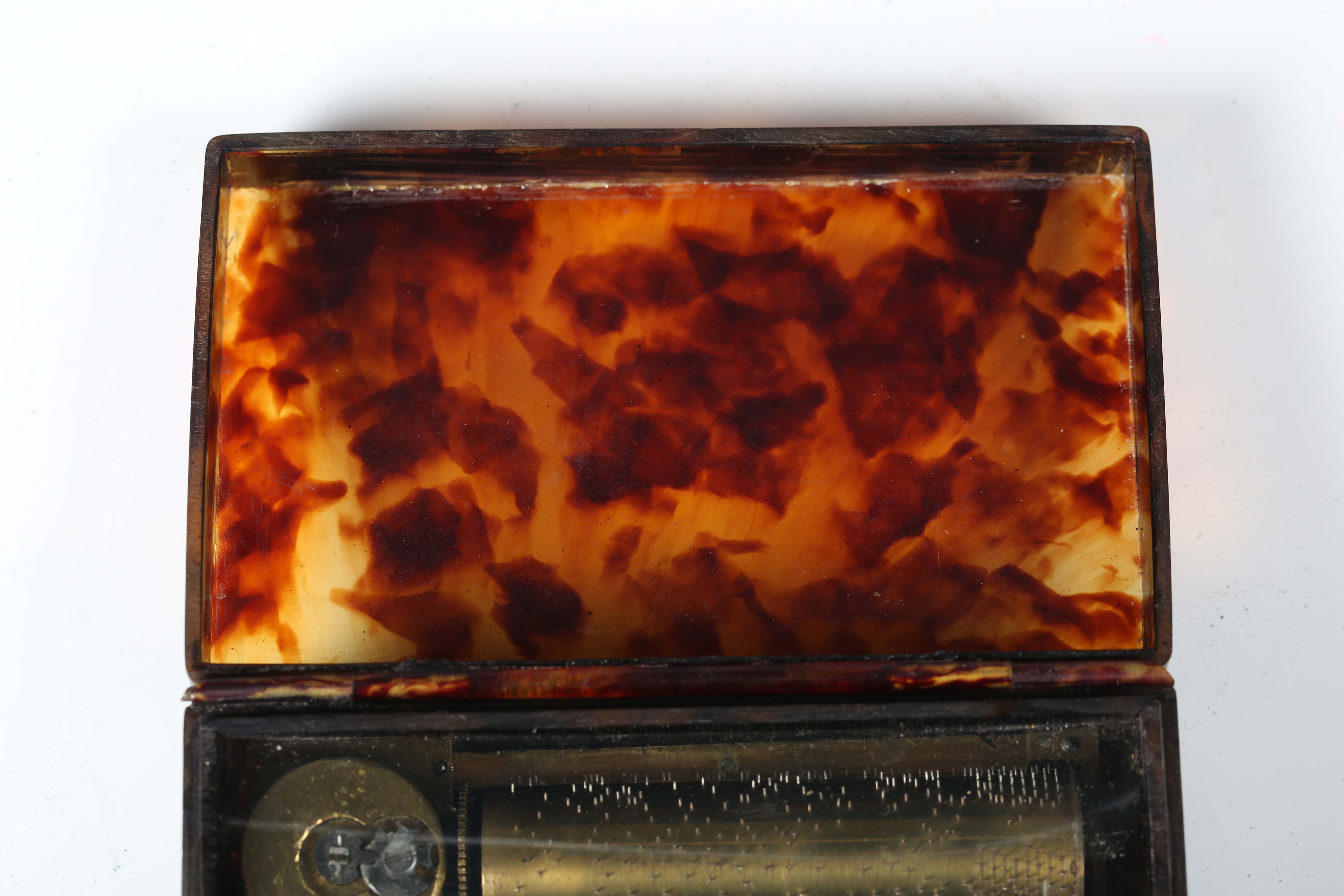 A 19th century tortoiseshell cased musical box, the hinged lid enclosing a cylinder movement, - Image 7 of 8