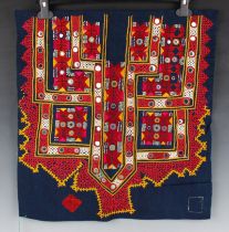 A mixed group of textiles, including two Indian Kutch mirrorwork panels, two gilt and silk