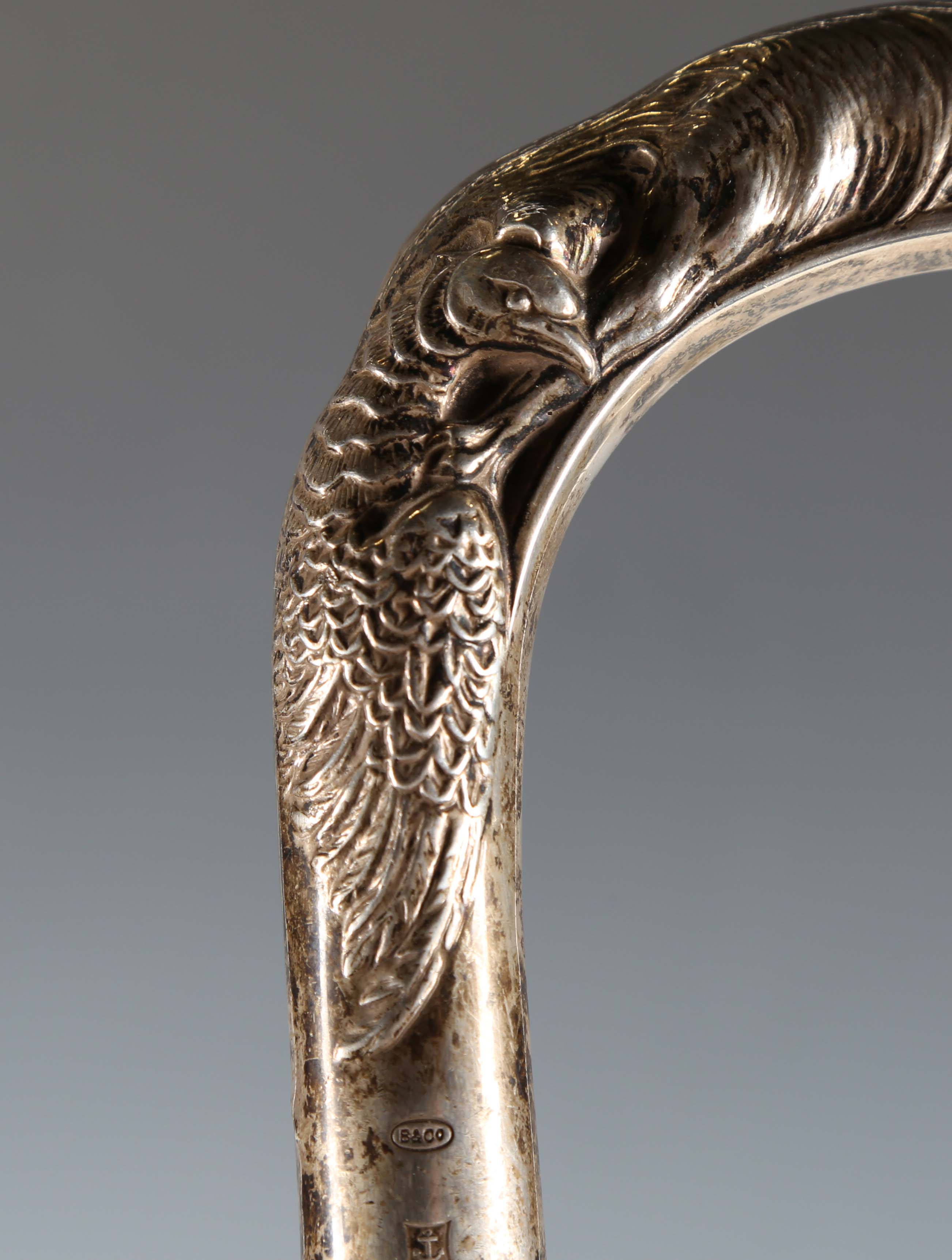 A late 20th century hardwood walking stick, the silver handle decorated in relief with a fox and - Image 11 of 11