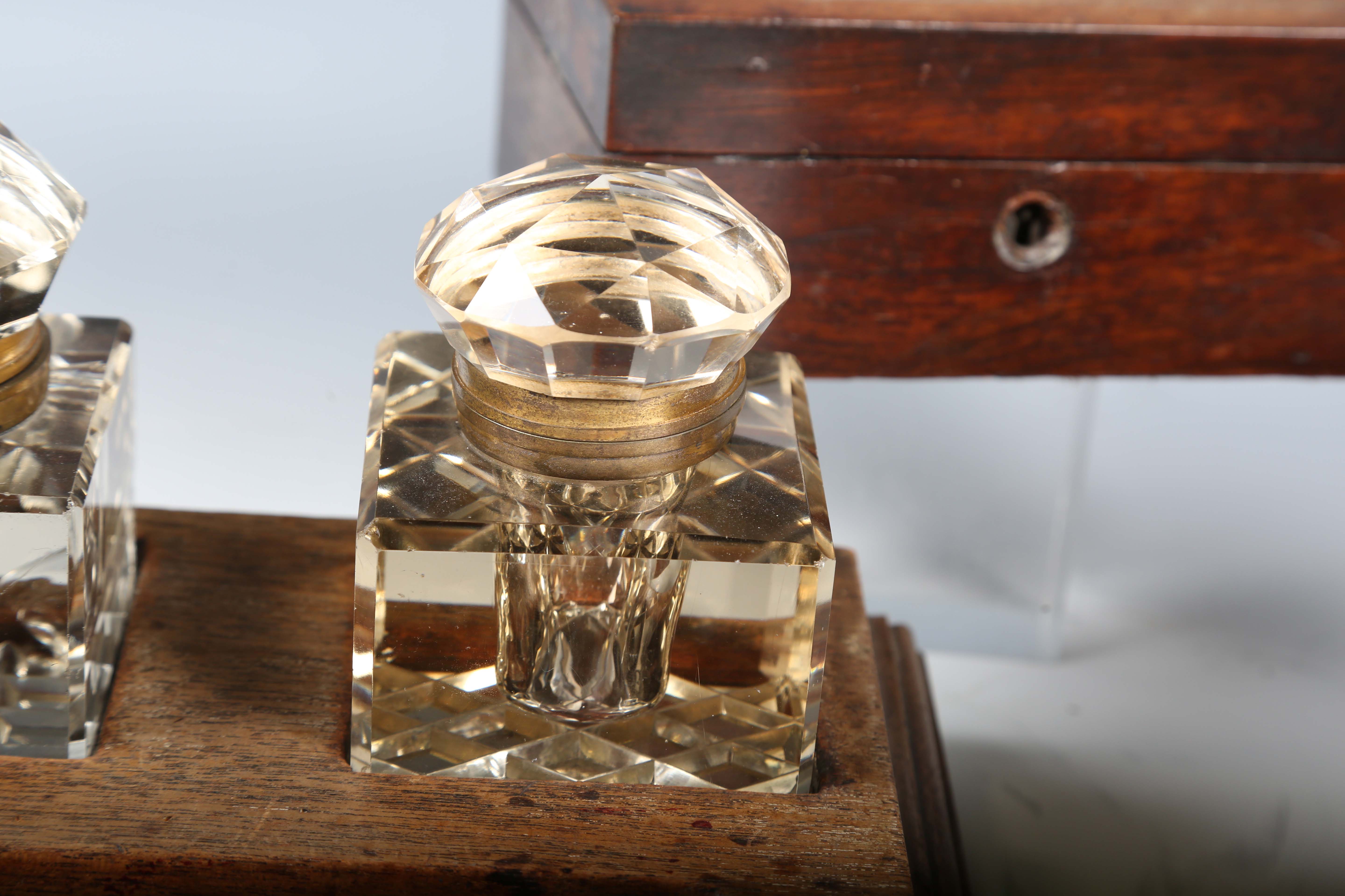 A late Victorian walnut desk stand, fitted with three glass inkwells, weight 38cm, together with two - Image 14 of 17