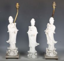 A group of three 20th century Chinese blanc-de-Chine porcelain figures of Guanyin, two mounted as