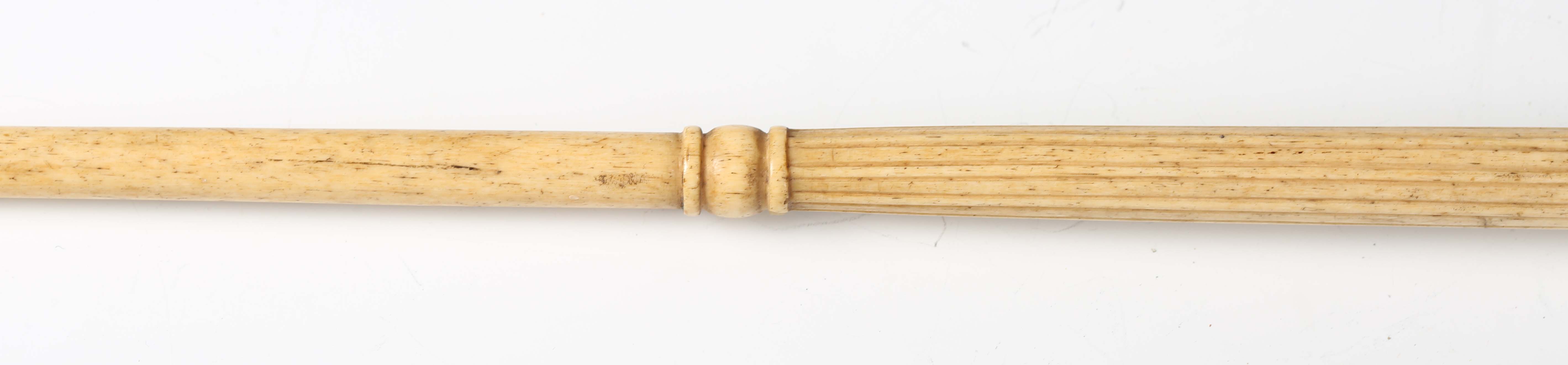 A late 18th/early 19th century carved scrimshaw walking cane, the marine ivory pommel above a carved - Image 5 of 12