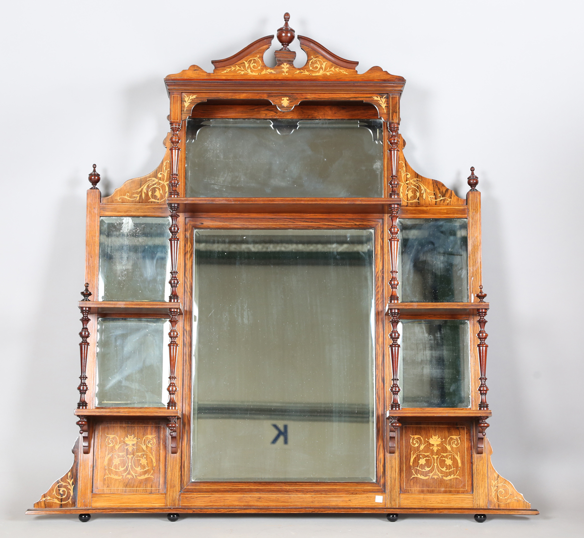 A late Victorian rosewood and inlaid overmantel mirror, fitted with shelves, height 140cm, width