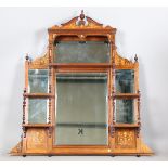 A late Victorian rosewood and inlaid overmantel mirror, fitted with shelves, height 140cm, width