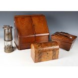 An Edwardian walnut stationery box, height 30cm, a Regency rosewood sarcophagus tea caddy, length