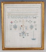 An early Victorian unfinished needlework sampler, dated 1841, partially worked with plants and
