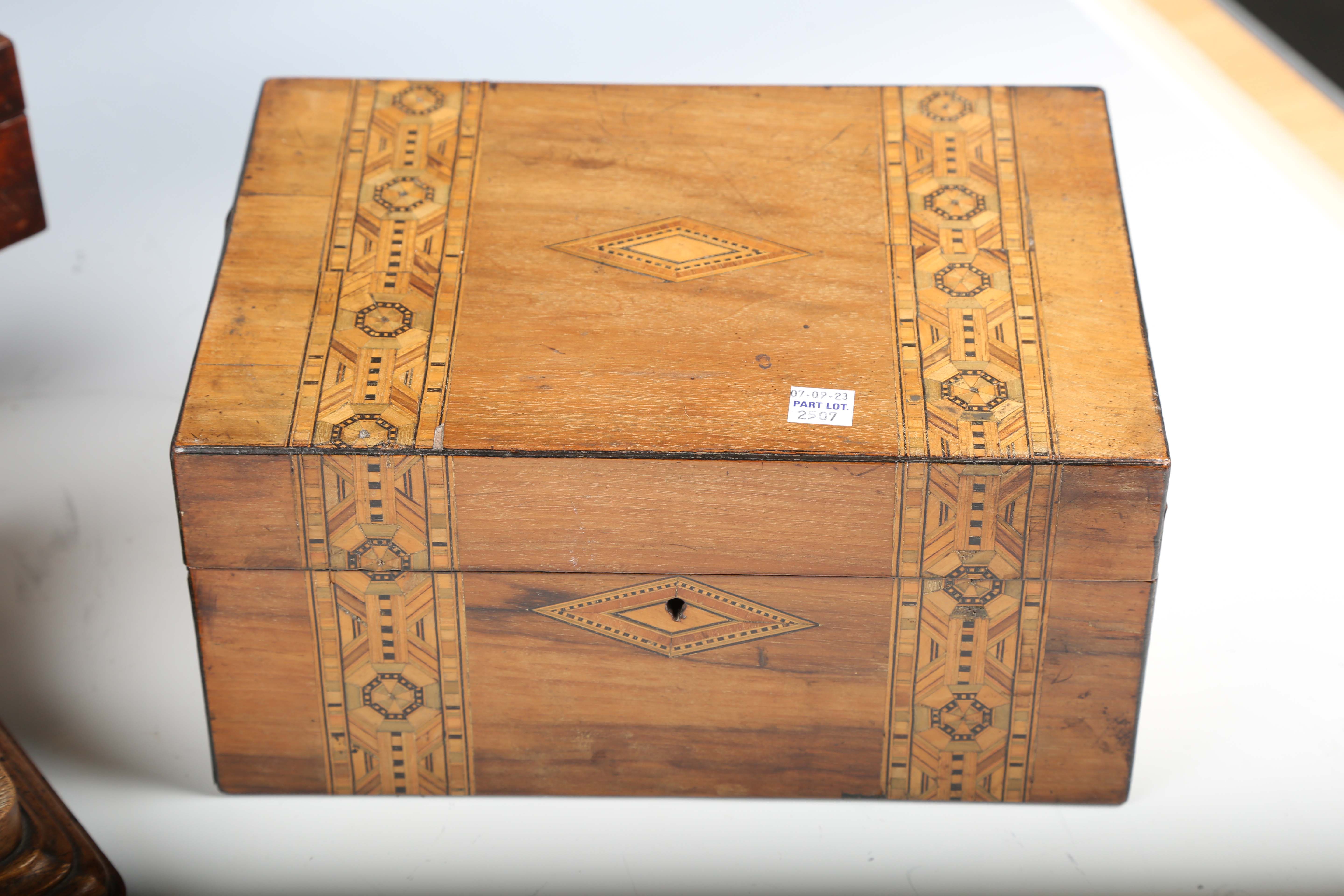 A late Victorian walnut desk stand, fitted with three glass inkwells, weight 38cm, together with two - Image 11 of 17