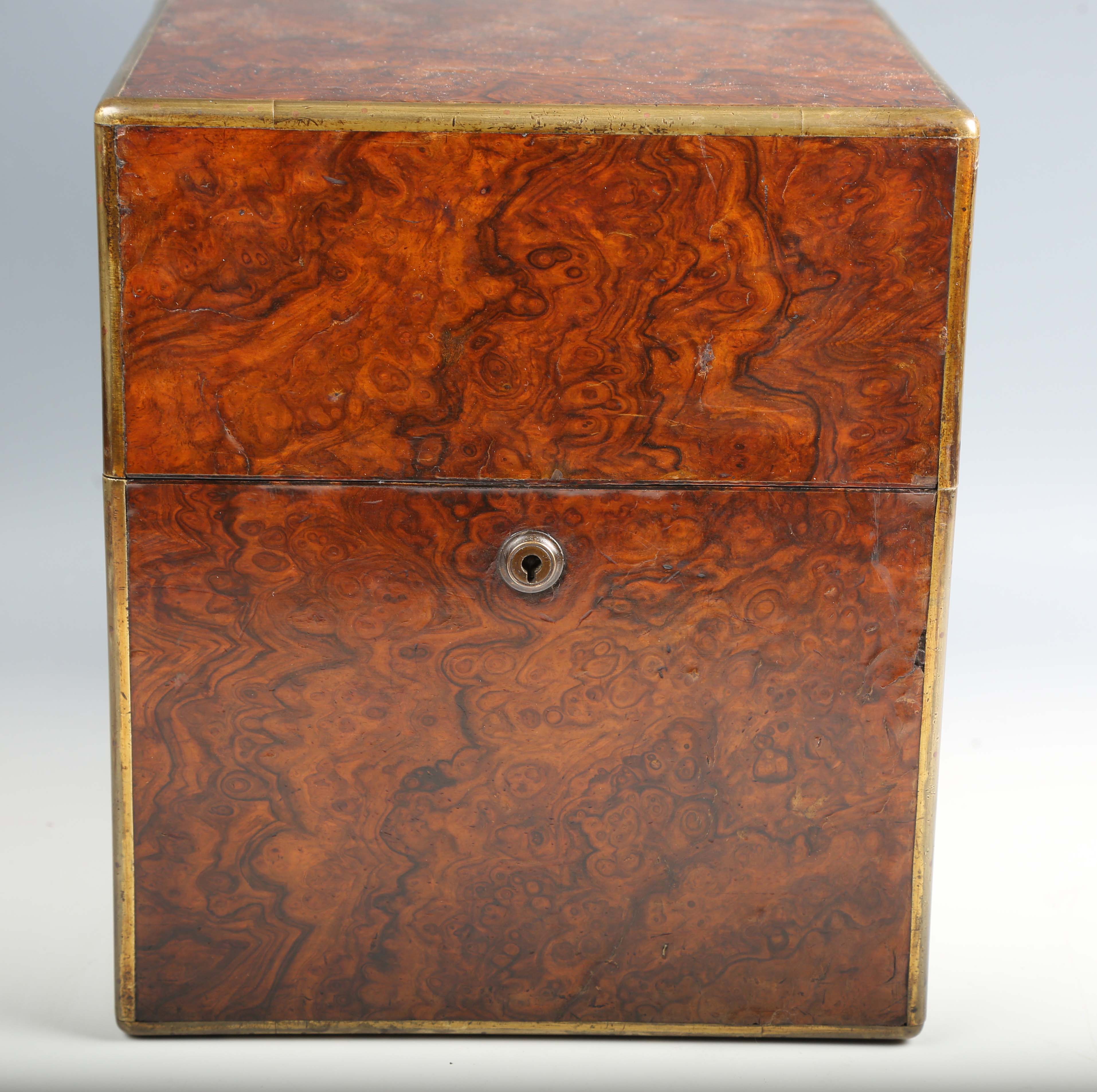 A Victorian burr walnut and brass bound decanter box, the sides with recessed handles, the - Image 5 of 10