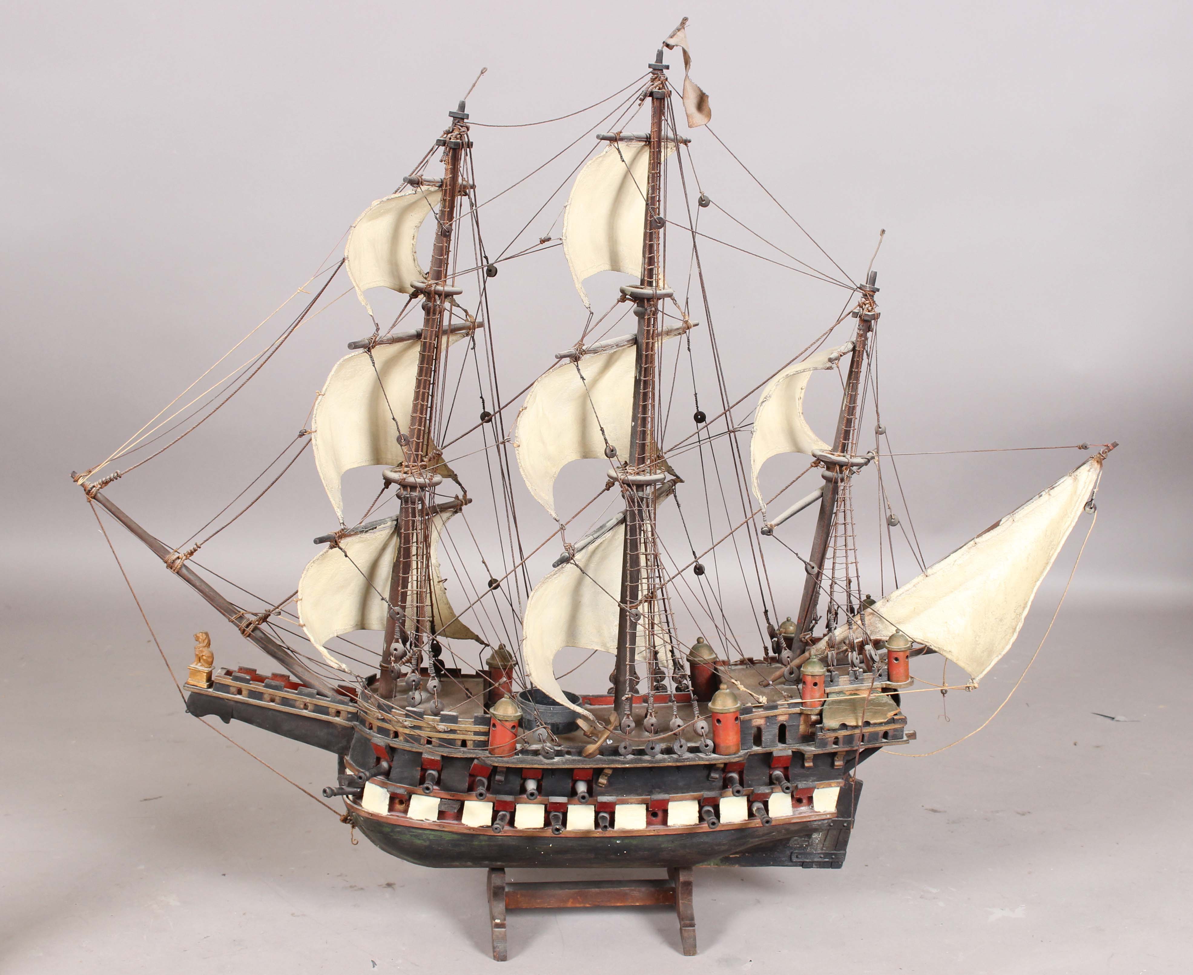 A 20th century scratch-built wooden model of a galleon, length 110cm, together with a model of a - Image 17 of 28