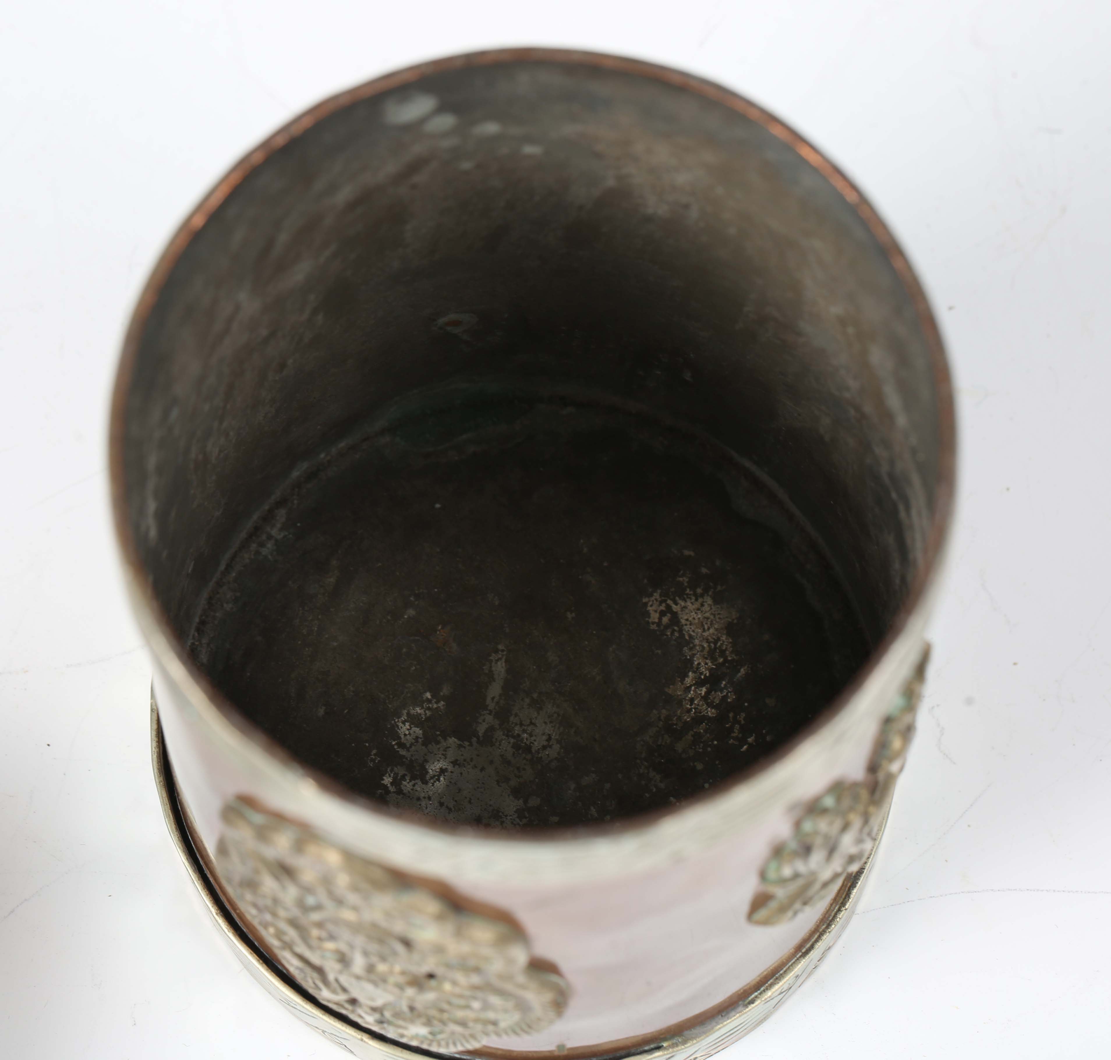 A 20th century Tibetan copper and nickel mounted cylindrical jar and cover, the lid inset with - Image 3 of 8