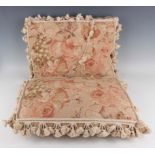 A pair of woolwork cushions, 50cm x 50cm, another similar pair of petit point cushions and a Regency