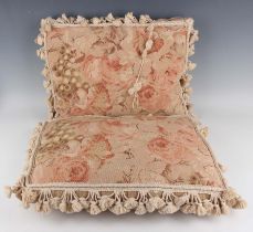 A pair of woolwork cushions, 50cm x 50cm, another similar pair of petit point cushions and a Regency