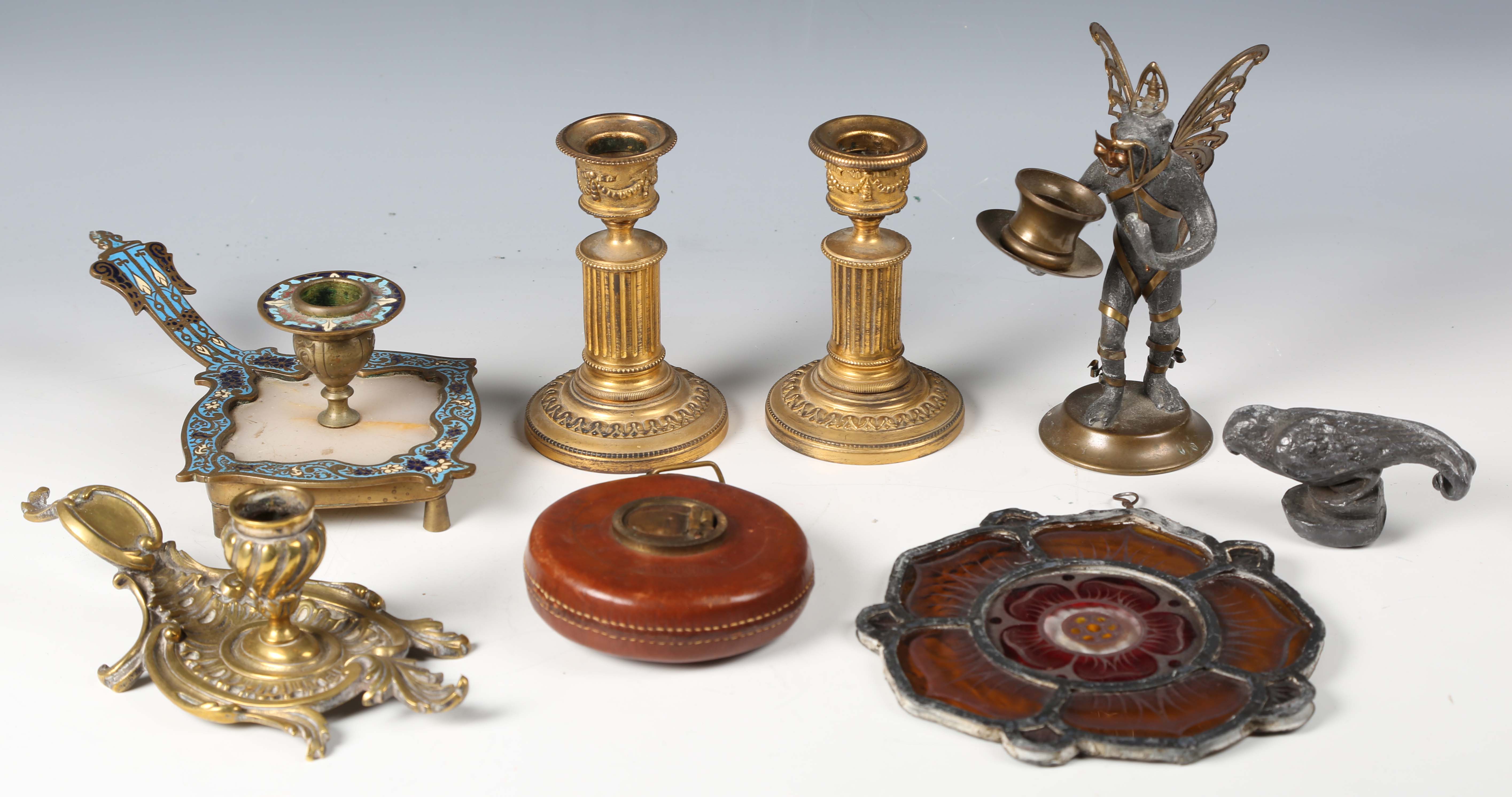 A mixed group of collectors' items, including a 19th century French champlevé enamel and onyx