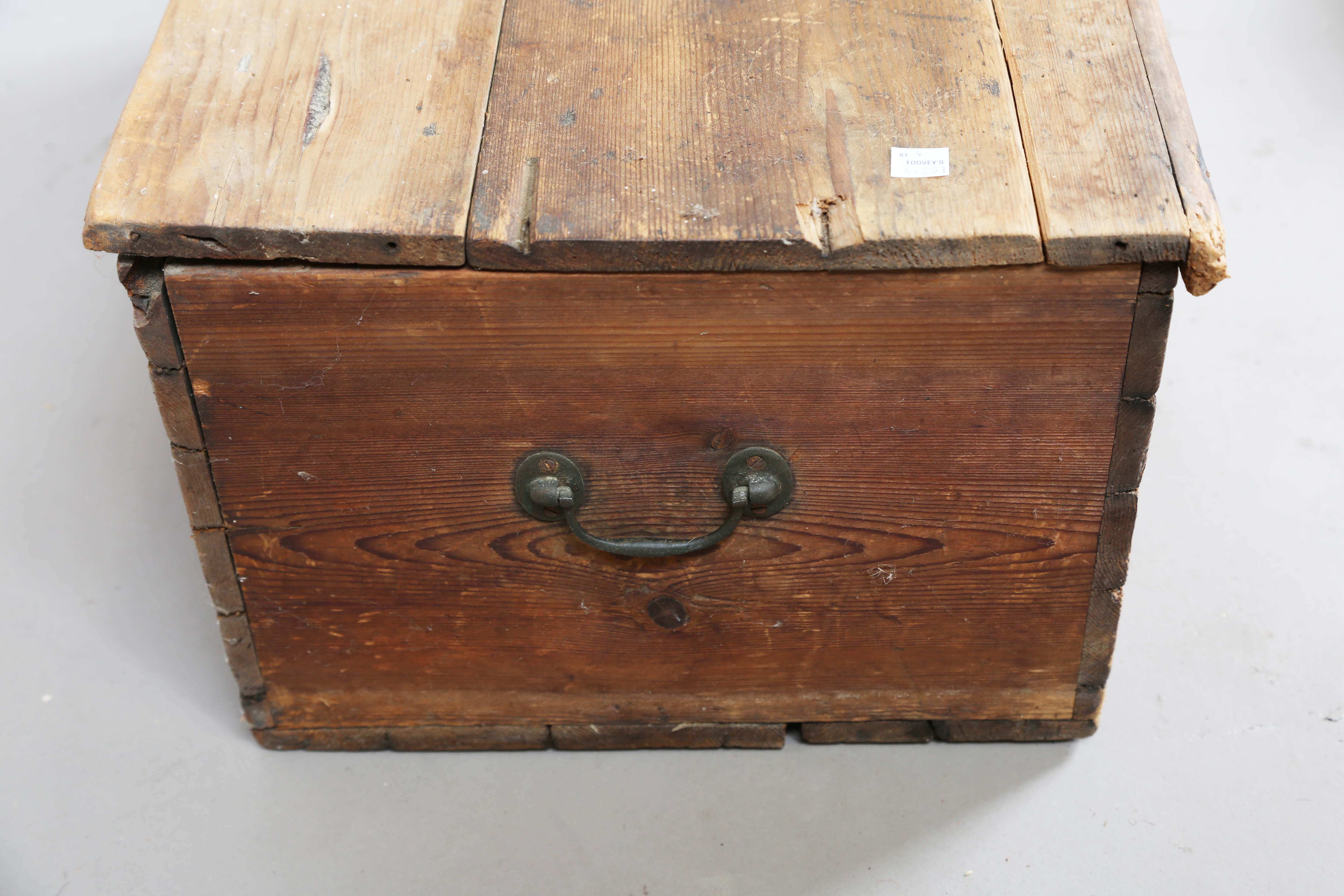 A 19th century pine trunk, width 60cm, another pine rectangular box and an Eastern copper pan with - Image 8 of 10