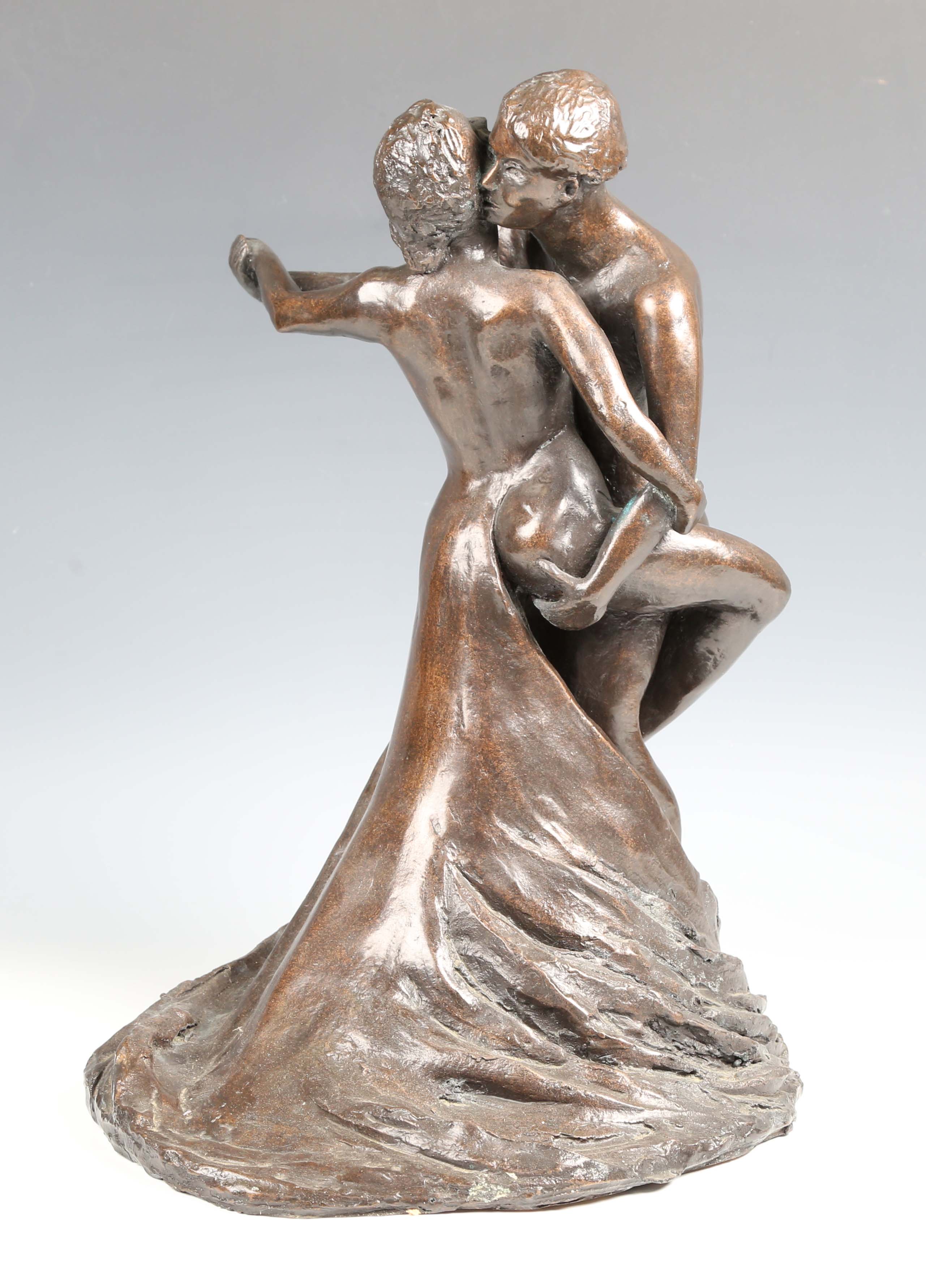 A 20th century brown patinated cast bronze figural group of a dancing couple, indistinctly signed, - Image 7 of 18