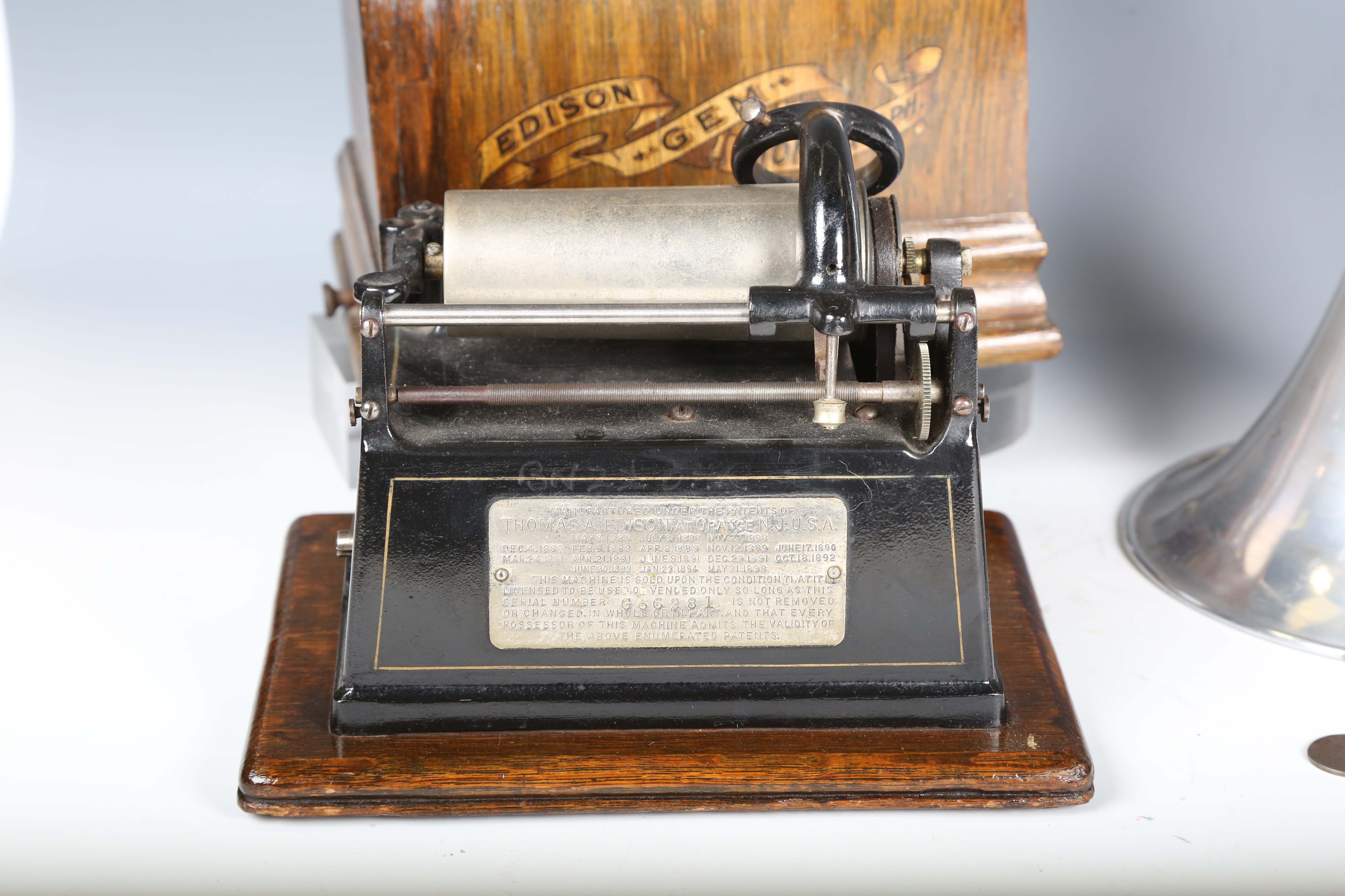 An Edison Gem phonograph, within an oak case with aluminium horn, and a small collection of - Image 14 of 18