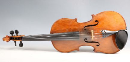 A violin with striped two-piece back, length of back excluding button 36cm, cased with a bow.Buyer’s