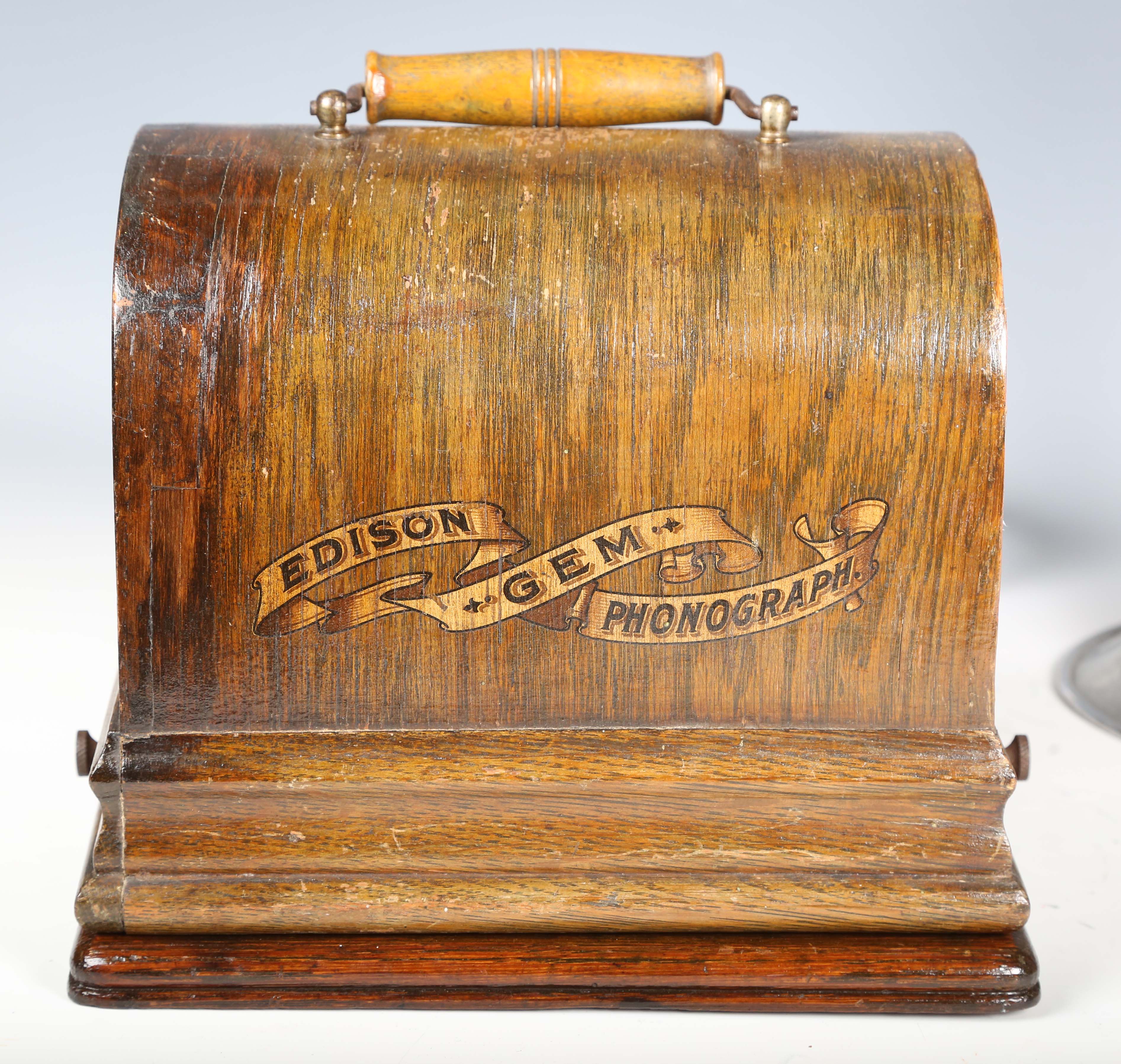 An Edison Gem phonograph, within an oak case with aluminium horn, and a small collection of - Image 11 of 18