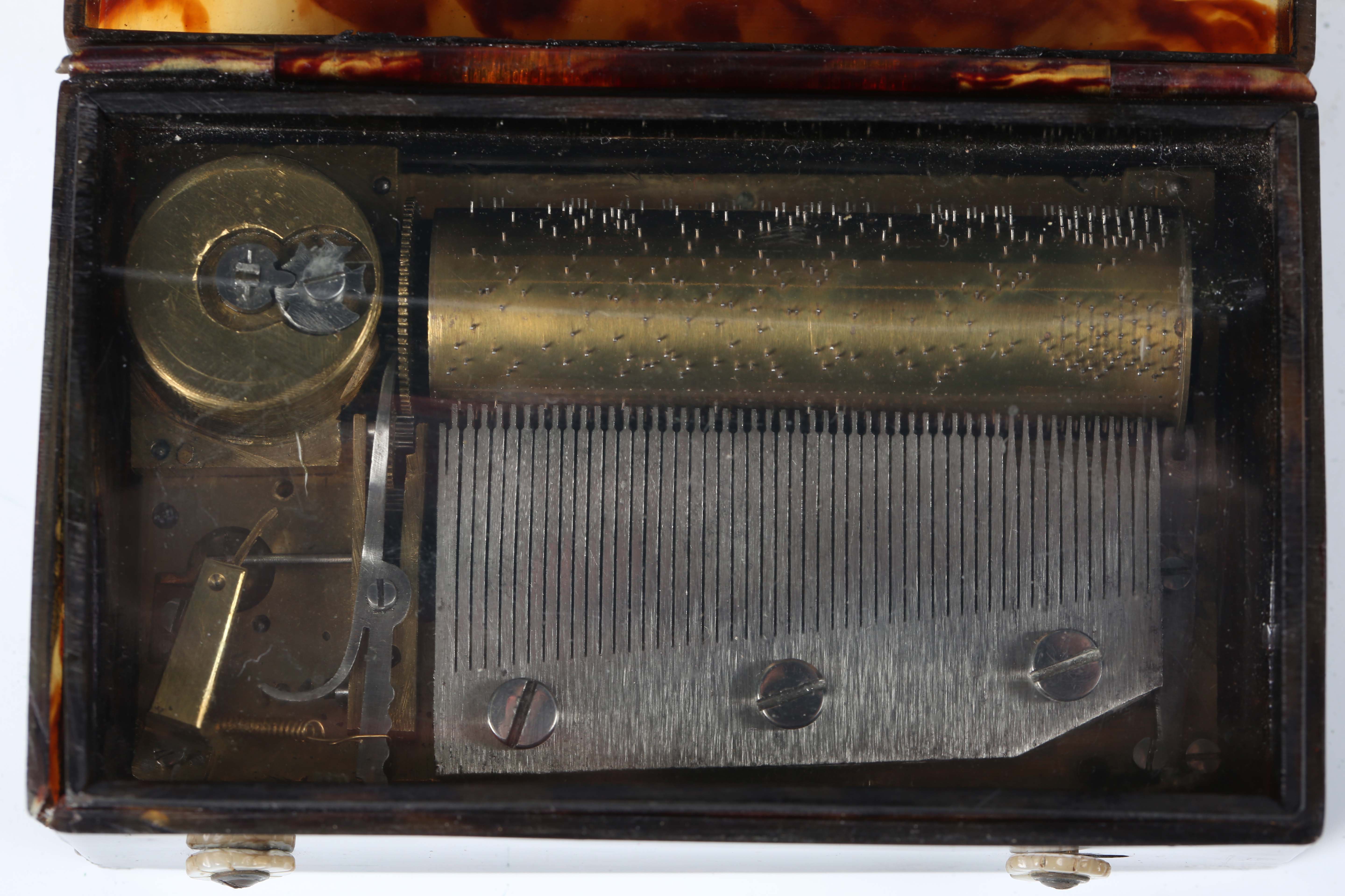 A 19th century tortoiseshell cased musical box, the hinged lid enclosing a cylinder movement, - Image 8 of 8