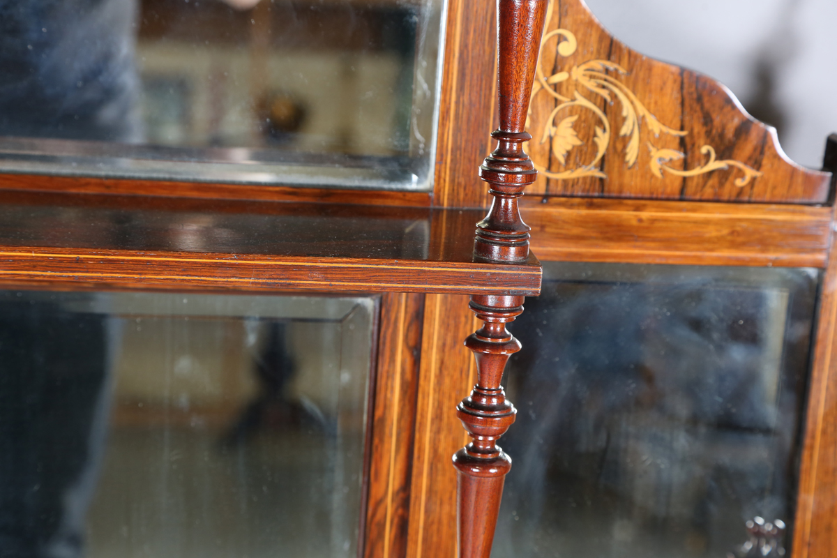 A late Victorian rosewood and inlaid overmantel mirror, fitted with shelves, height 140cm, width - Image 10 of 15