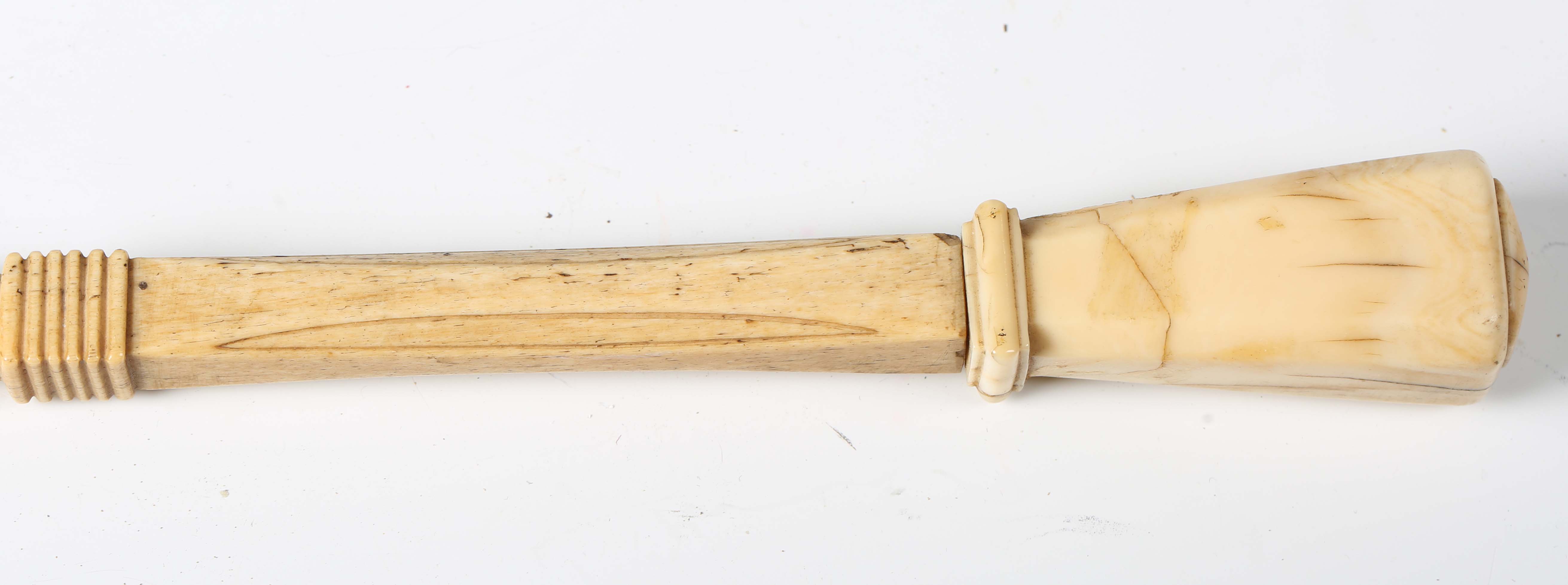 A late 18th/early 19th century carved scrimshaw walking cane, the marine ivory pommel above a carved - Image 12 of 12