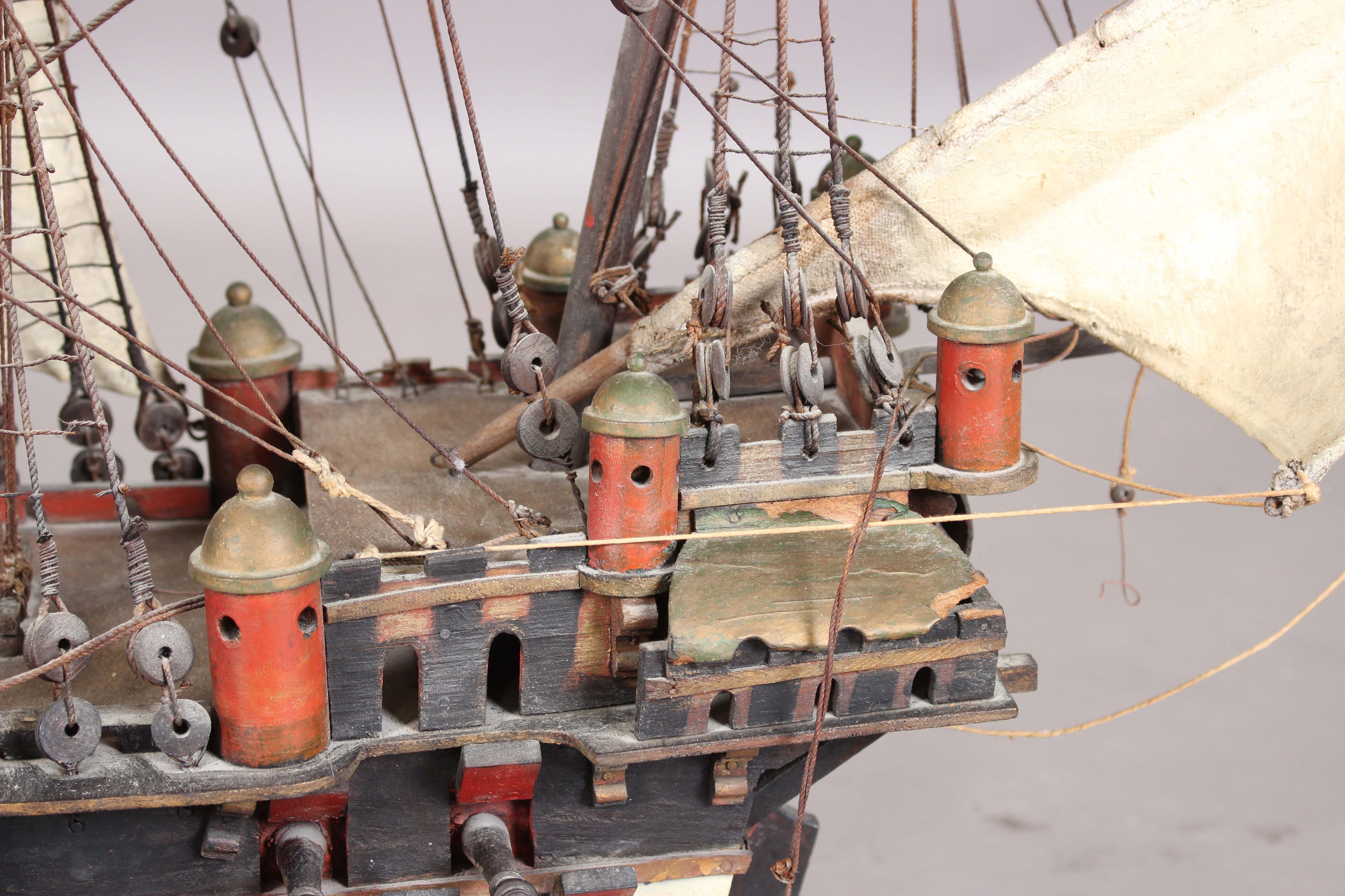 A 20th century scratch-built wooden model of a galleon, length 110cm, together with a model of a - Image 16 of 28