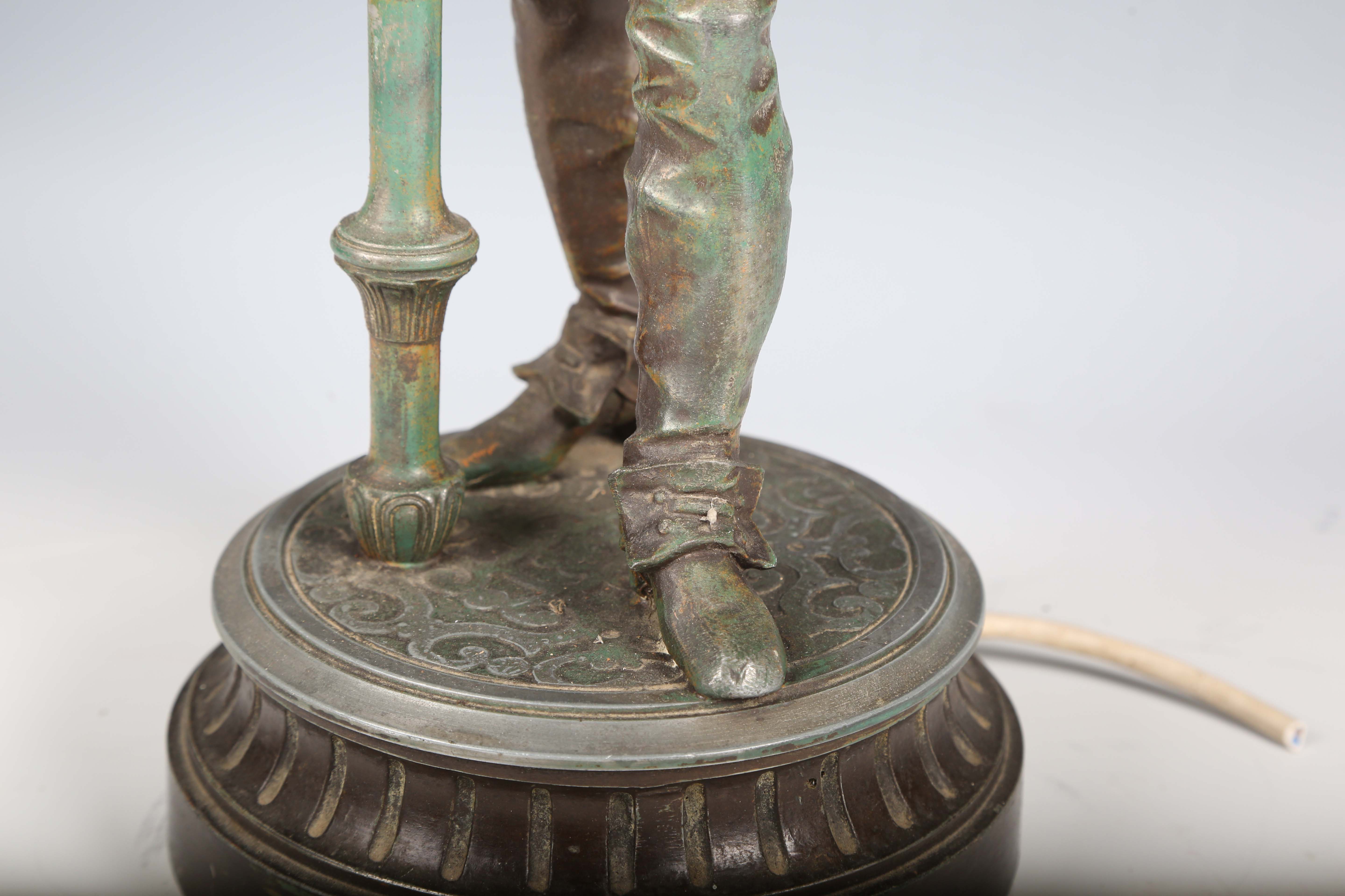 Auguste Poitevin - a 19th century spelter figural table lamp, modelled as Don Cesar, raised on a - Image 13 of 19