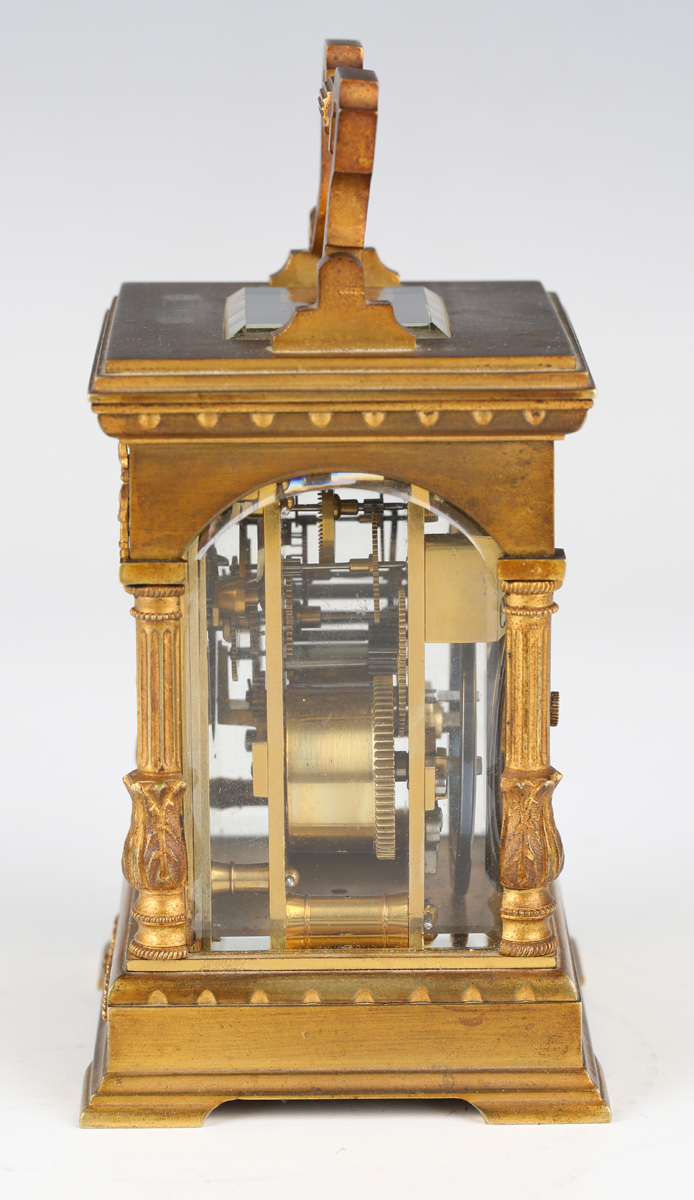A late 19th/early 20th century French lacquered brass cased carriage timepiece with eight day - Image 7 of 8