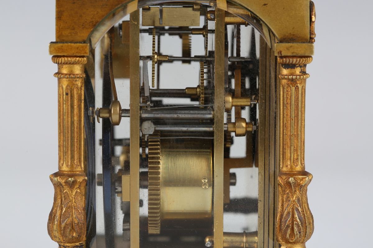 A late 19th/early 20th century French lacquered brass cased carriage timepiece with eight day - Image 3 of 8