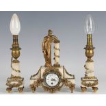 A late 19th century French ormolu mounted alabaster clock garniture, the timepiece with eight day
