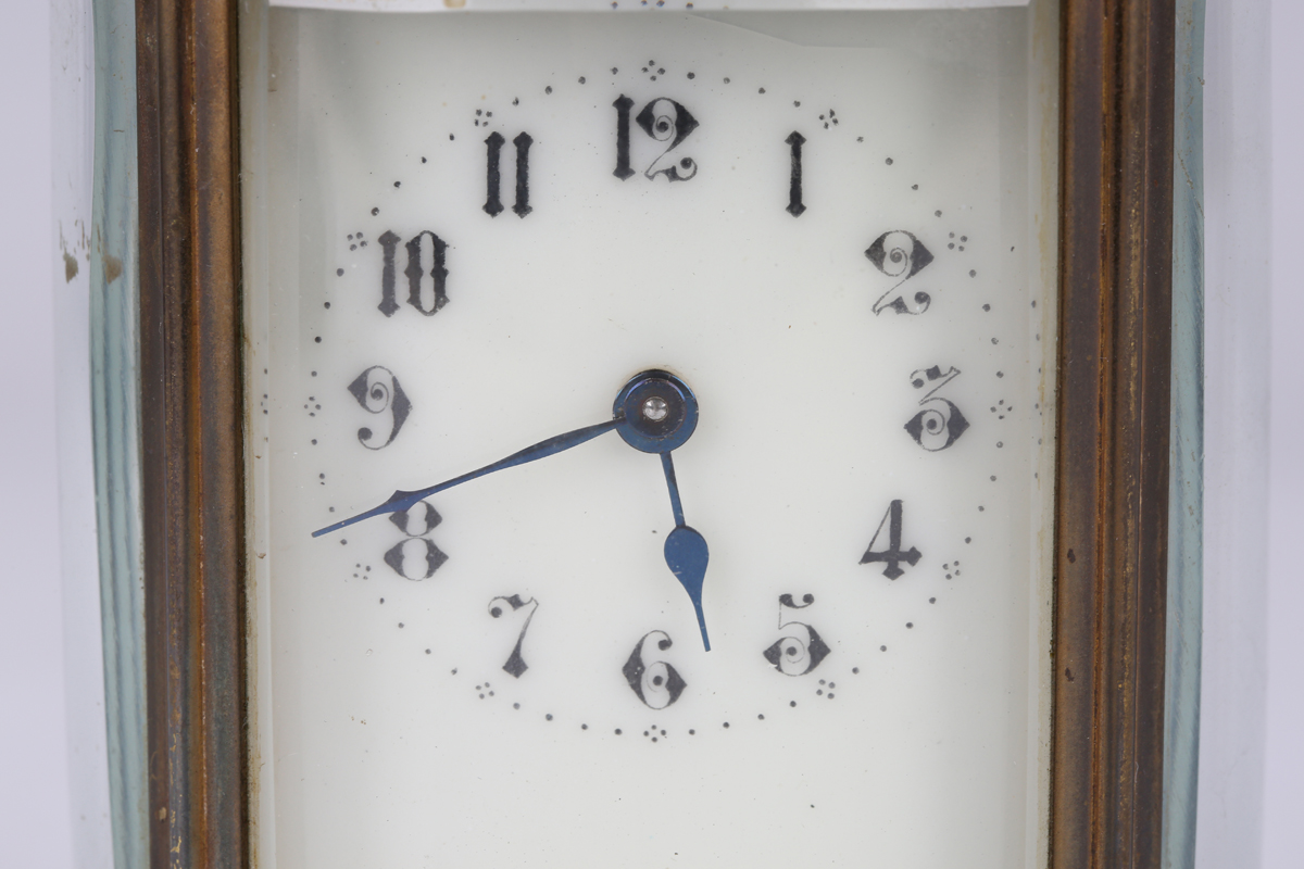 A 20th century brass oval carriage timepiece with eight day movement, the enamelled dial with - Image 6 of 6