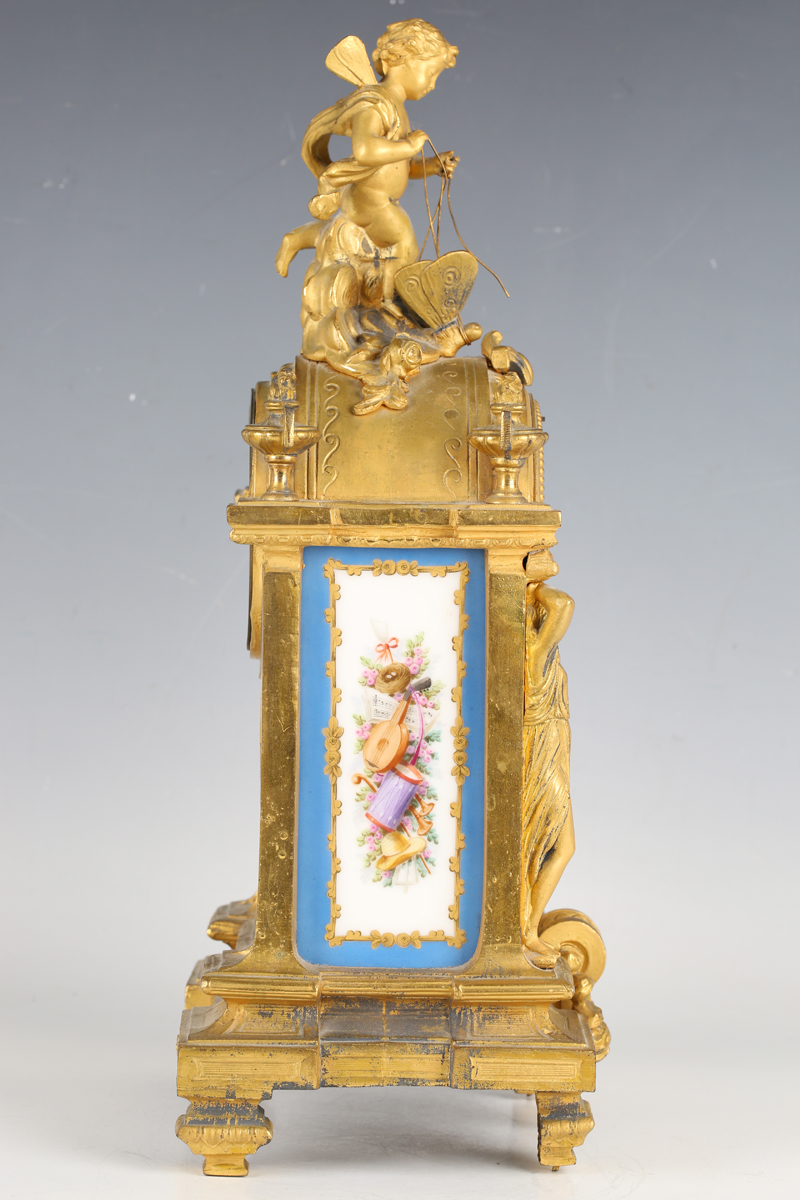 A late 19th century French gilt spelter and Sèvres style porcelain mantel clock with eight day - Image 2 of 10
