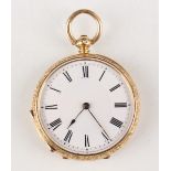 An 18ct gold cased keywind open-faced lady's pocket watch, the enamelled dial with black Roman