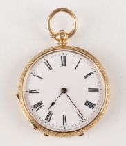 An 18ct gold cased keywind open-faced lady's pocket watch, the enamelled dial with black Roman