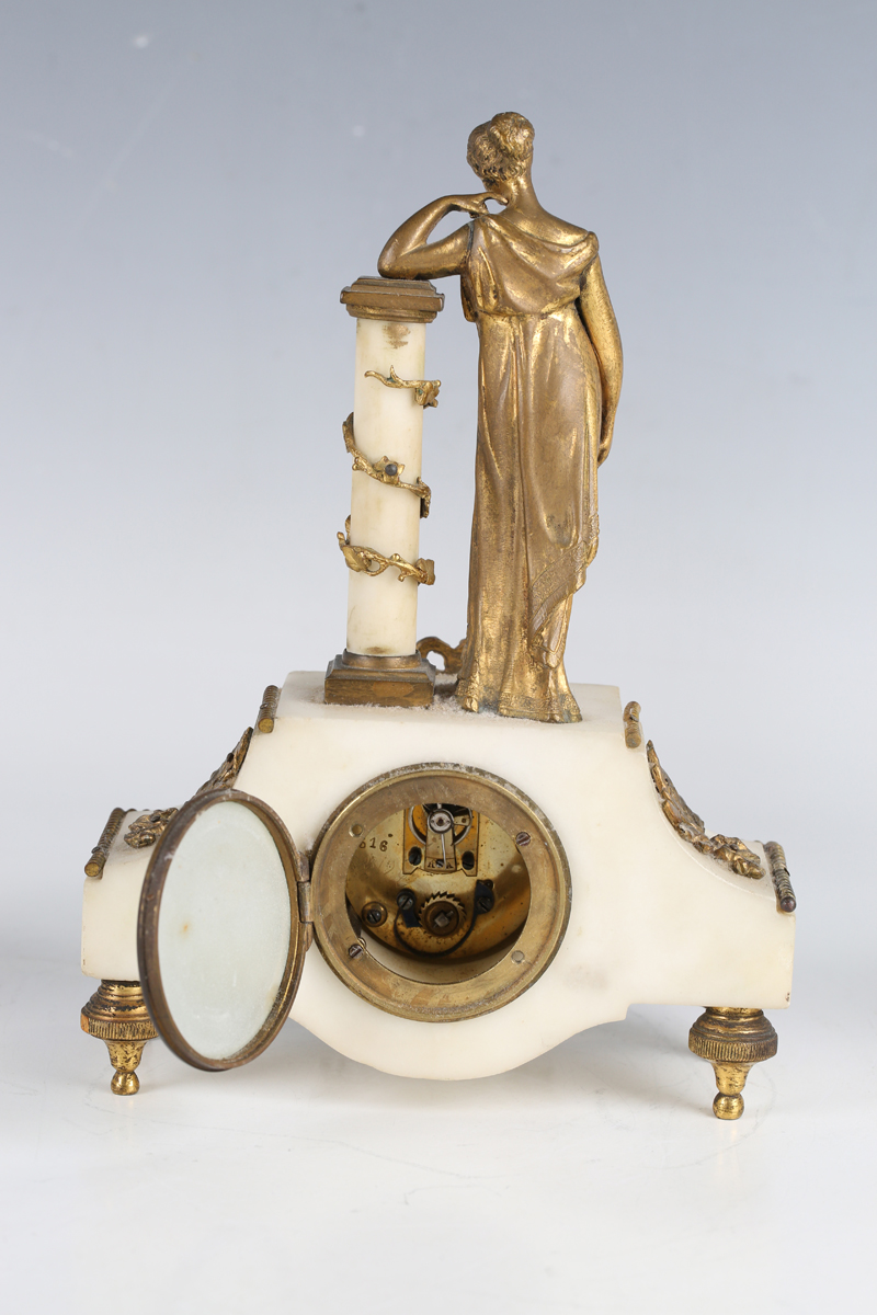 A late 19th century French ormolu mounted alabaster clock garniture, the timepiece with eight day - Image 4 of 7