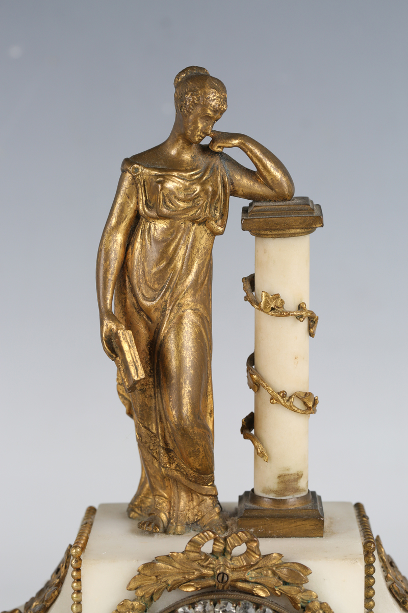 A late 19th century French ormolu mounted alabaster clock garniture, the timepiece with eight day - Image 6 of 7