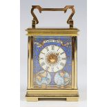 A Halcyon Days enamelled and lacquered brass diminutive carriage timepiece with quartz movement, the