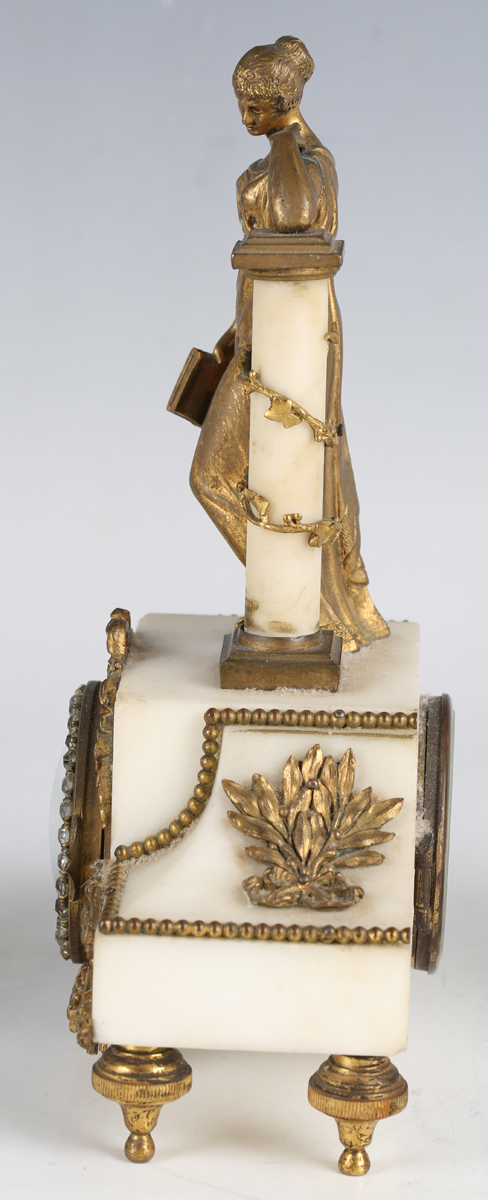 A late 19th century French ormolu mounted alabaster clock garniture, the timepiece with eight day - Image 5 of 7
