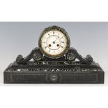 A late 19th century French slate and marble cased mantel clock with eight day movement striking on a