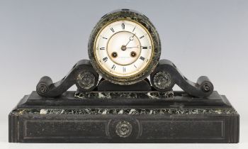 A late 19th century French slate and marble cased mantel clock with eight day movement striking on a